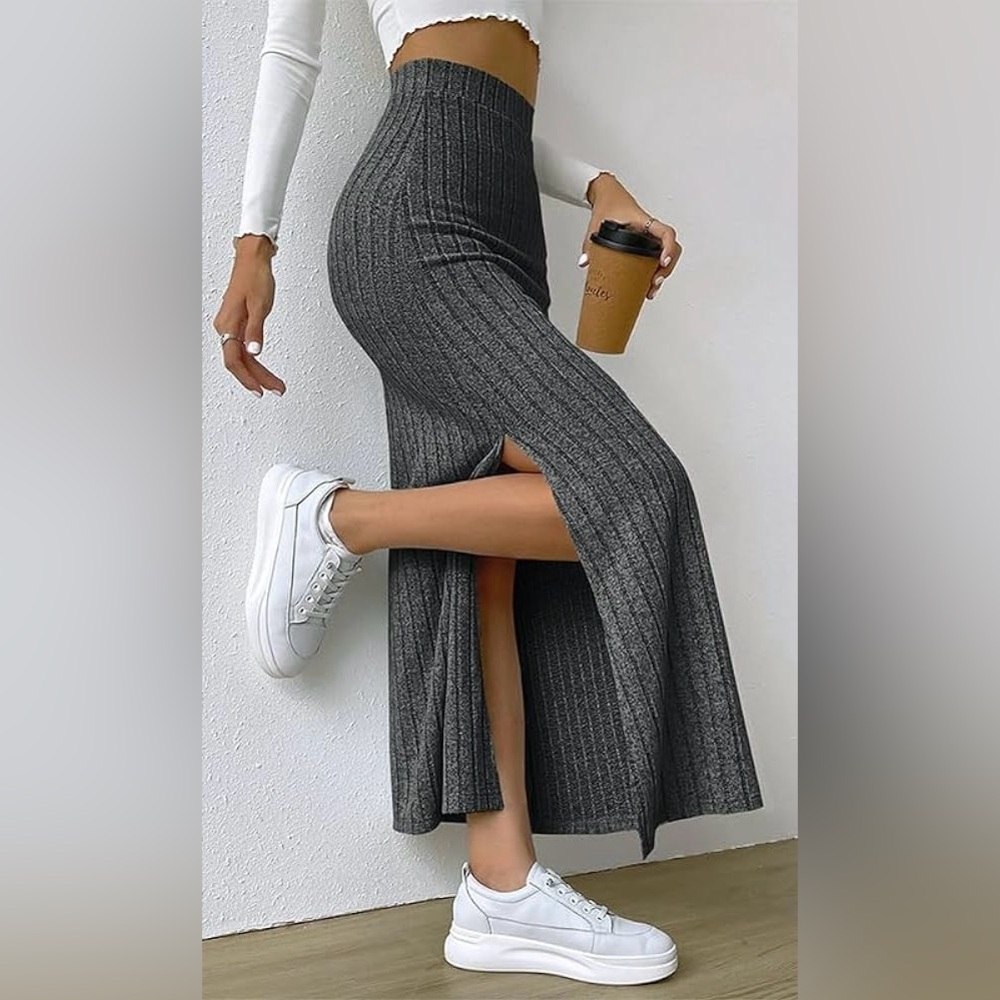 Soft Maxi Grey Ribbed Slit Skirt S